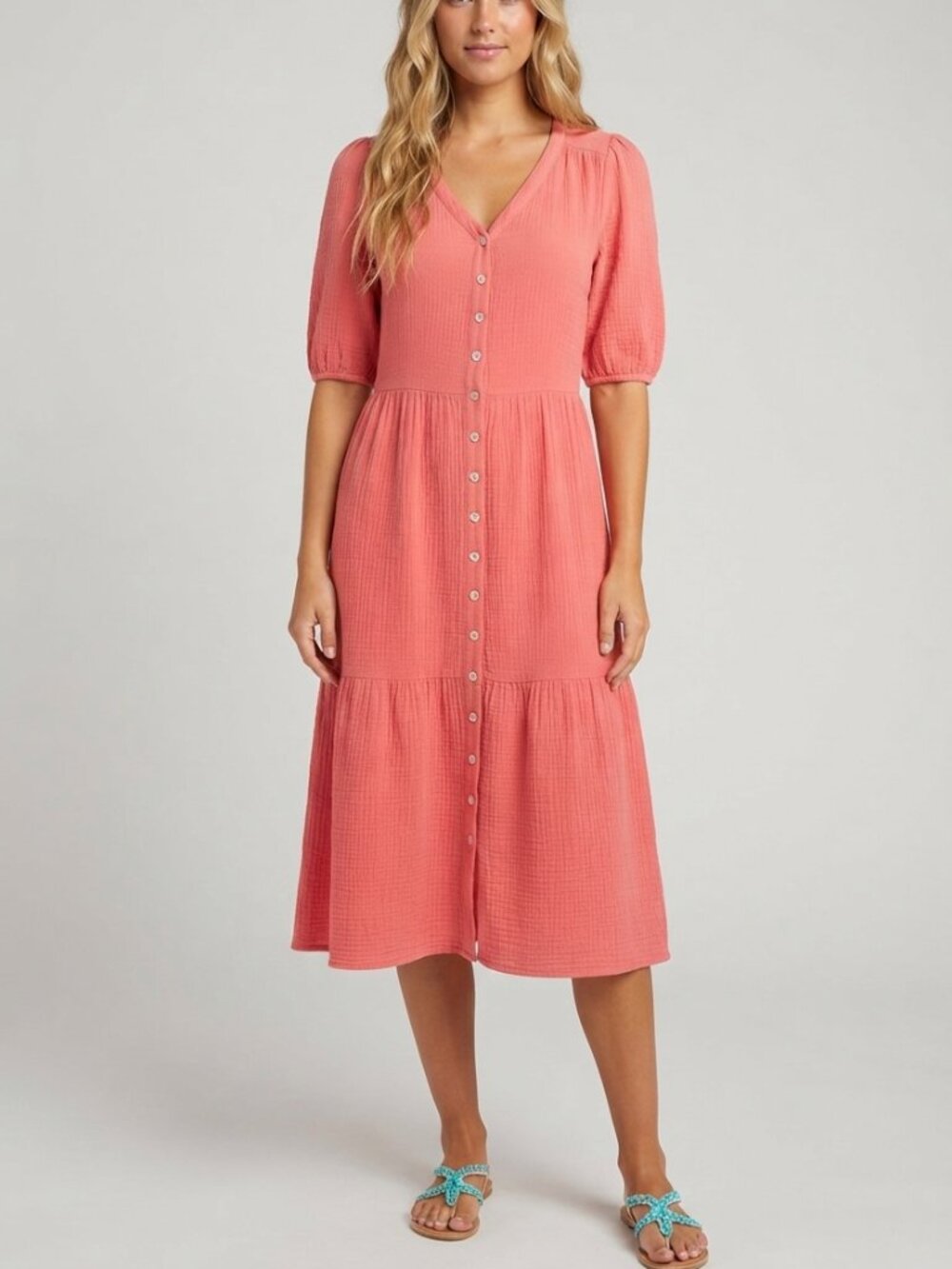 Soft Surroundings Coral Arielle Cotton Gauze Midi Dress Size 2X 39916